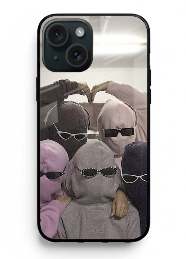 Masked trio artwork printed on premium tempered glass iPhone 15 Plus back cover