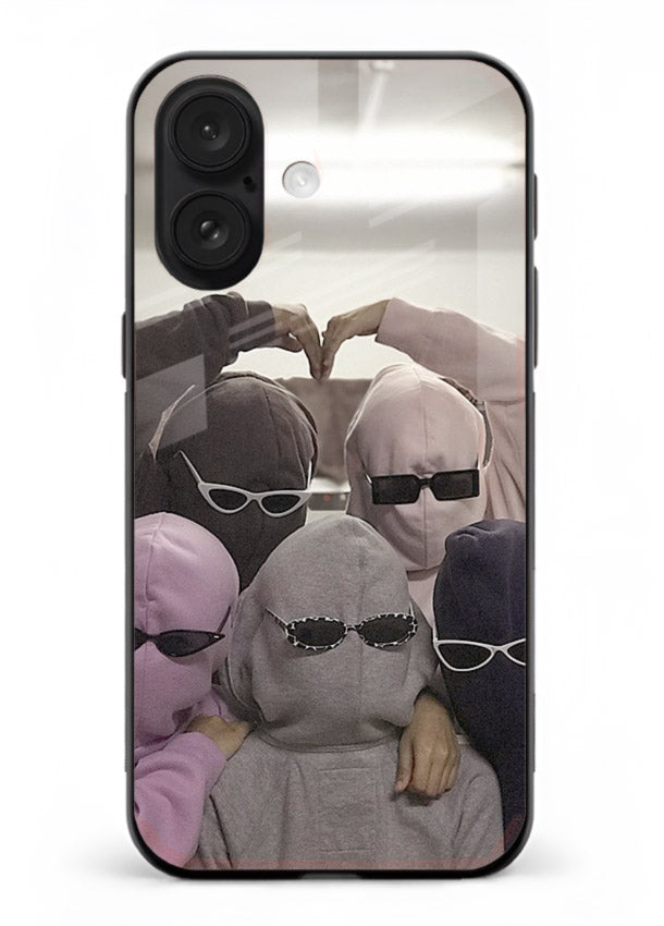 Masked trio artwork printed on premium tempered glass iPhone 16 Plus back cover