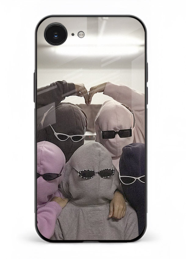 Masked trio artwork printed on premium tempered glass iPhone 16E back cover