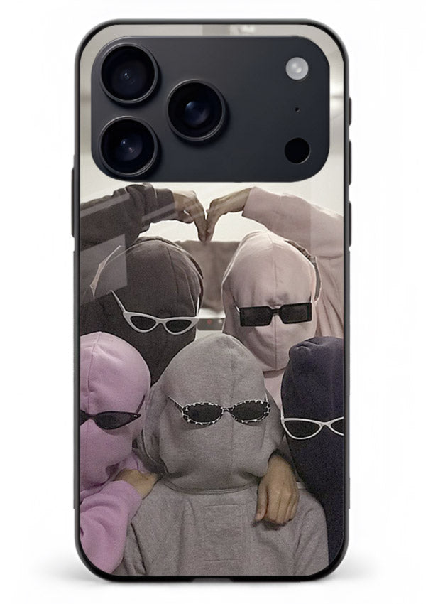 Masked trio artwork printed on premium tempered glass iPhone 17 Pro Max back cover