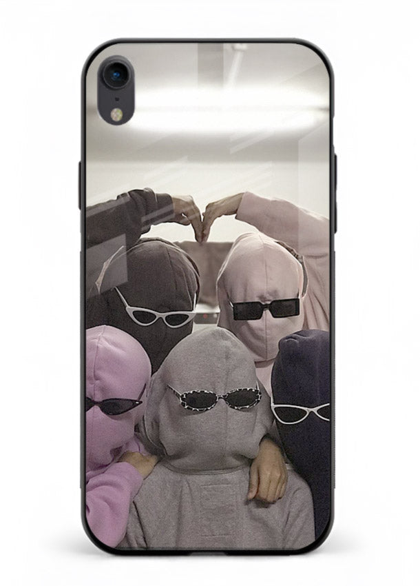Masked trio artwork printed on premium tempered glass iPhone XR back cover