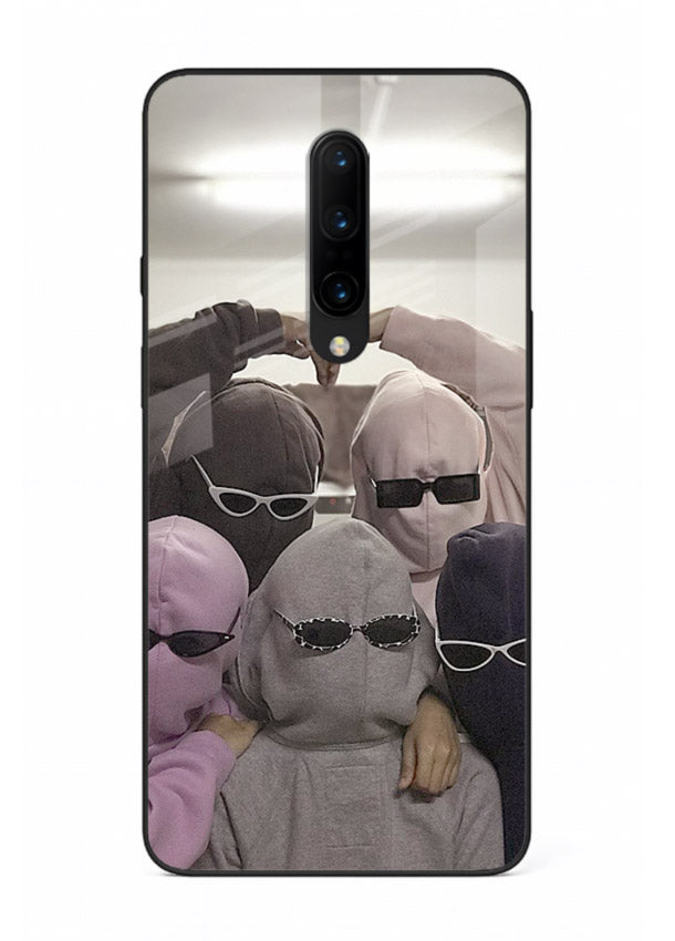 Masked trio artwork printed on premium tempered glass OnePlus 7 Pro back cover