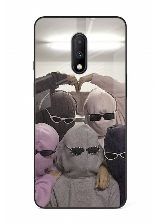 Masked trio artwork printed on premium tempered glass OnePlus 7 back cover