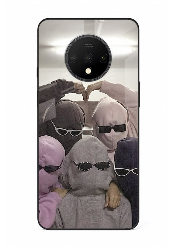 Masked trio artwork printed on premium tempered glass OnePlus 7T back cover
