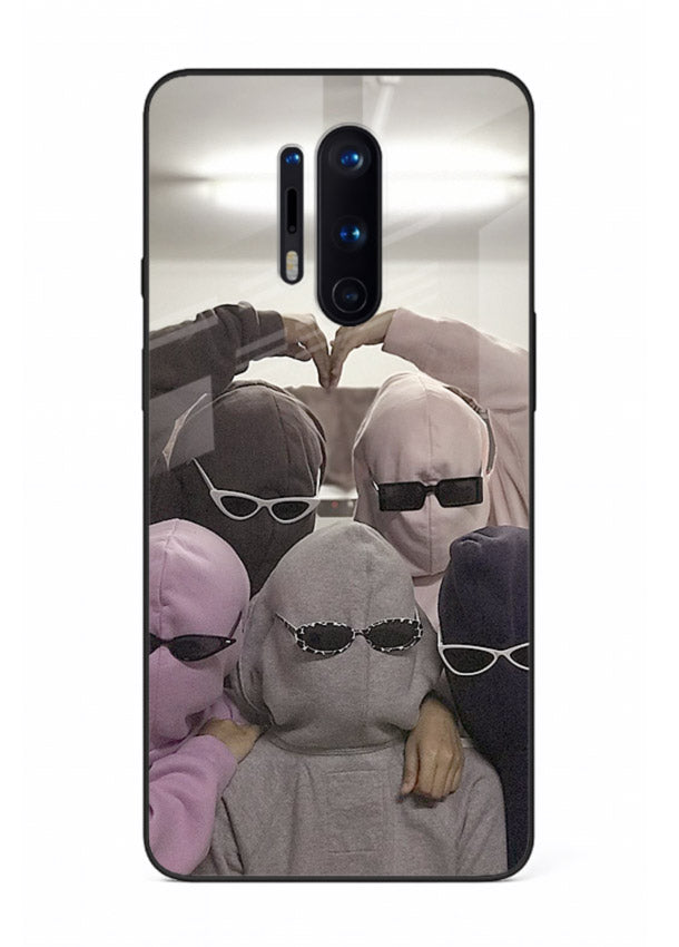 Masked trio artwork printed on premium tempered glass OnePlus 8 Pro back cover