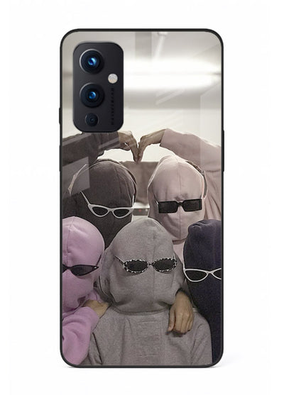 Masked trio artwork printed on premium tempered glass OnePlus 9 Pro back cover
