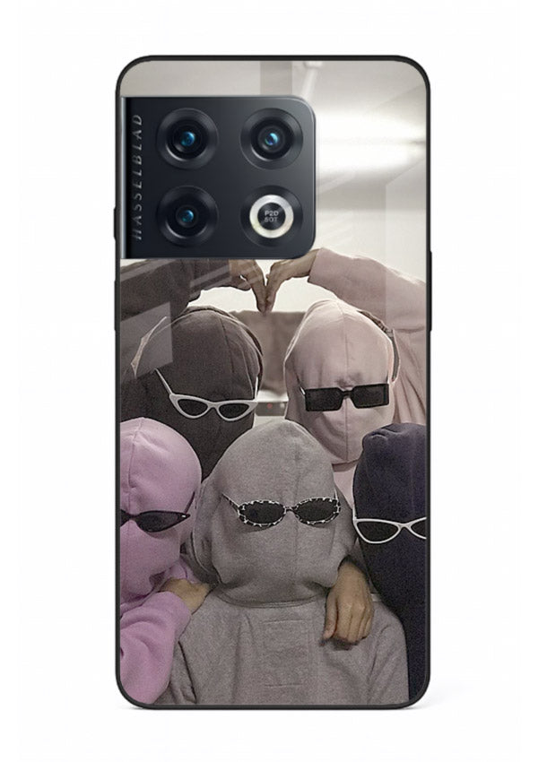 Masked trio artwork printed on premium tempered glass OnePlus 10 Pro back cover