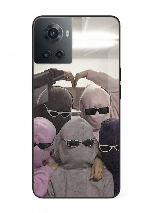 Masked trio artwork printed on premium tempered glass OnePlus 10R back cover