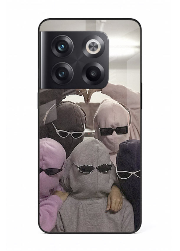 Masked trio artwork printed on premium tempered glass OnePlus 10T back cover