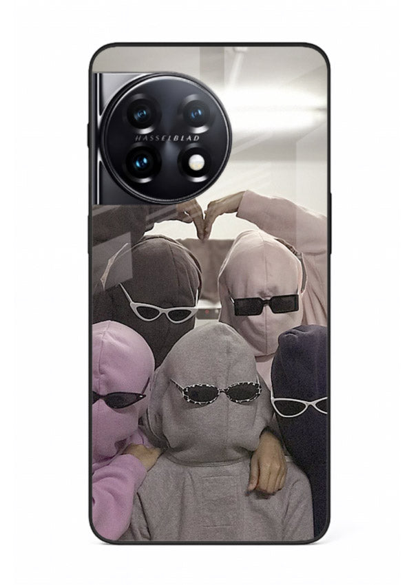 Masked trio artwork printed on premium tempered glass OnePlus 11 back cover