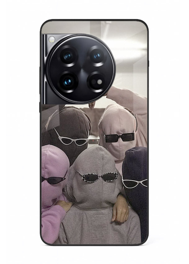 Masked trio artwork printed on premium tempered glass OnePlus 12 back cover