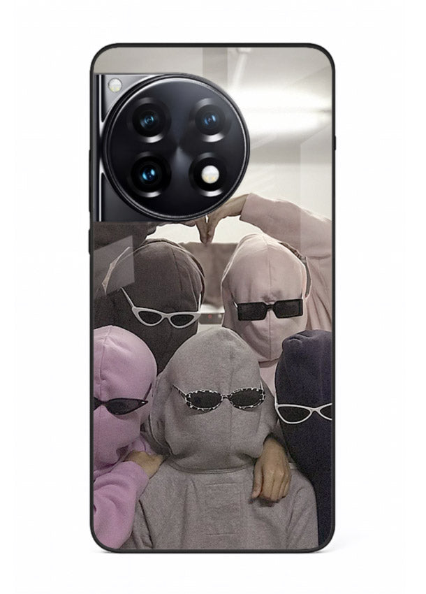Masked trio artwork printed on premium tempered glass OnePlus 12R back cover