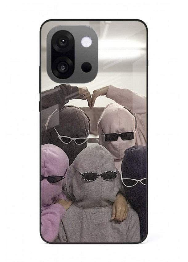 Masked trio artwork printed on premium tempered glass OnePlus 13s back cover