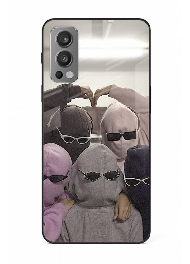 Masked trio artwork printed on premium tempered glass OnePlus Nord 2 back cover