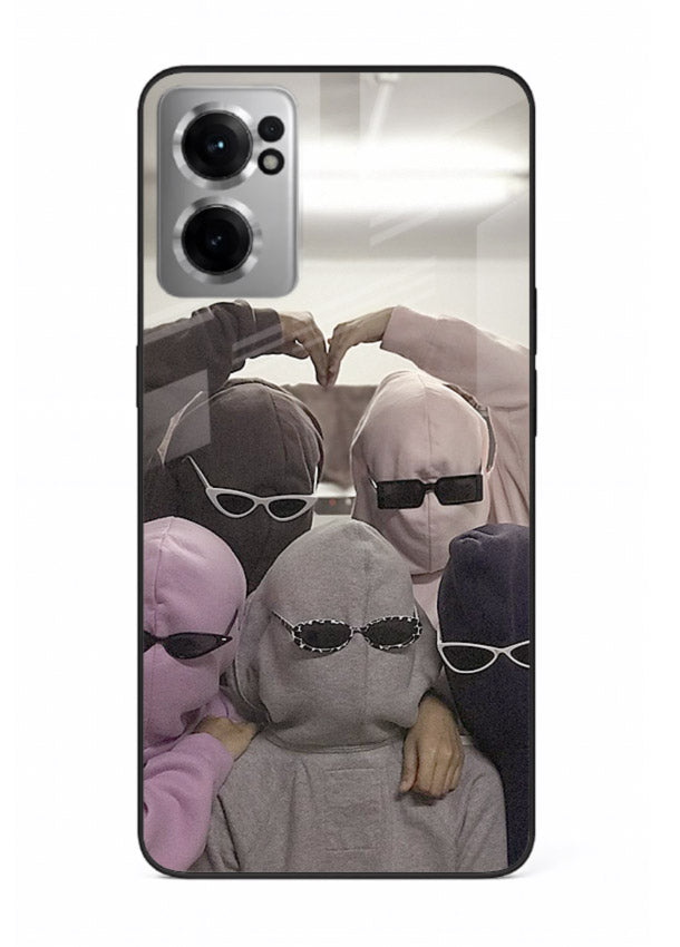 Masked trio artwork printed on premium tempered glass OnePlus Nord CE2 5G back cover