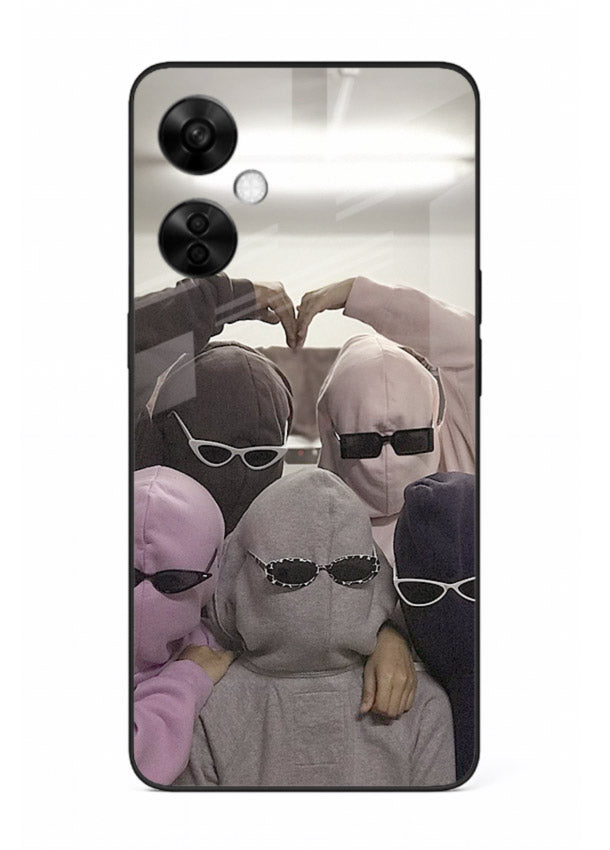 Masked trio artwork printed on premium tempered glass OnePlus Nord CE3 Lite back cover