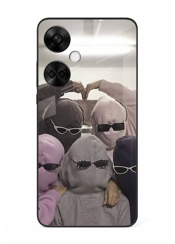 Masked trio artwork printed on premium tempered glass OnePlus Nord CE3 back cover