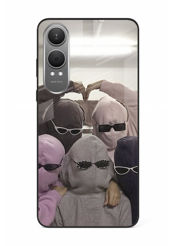 Masked trio artwork printed on premium tempered glass OnePlus Nord CE4 Lite back cover