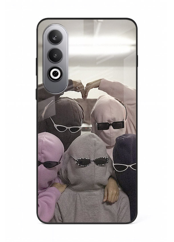 Masked trio artwork printed on premium tempered glass OnePlus Nord CE4 back cover