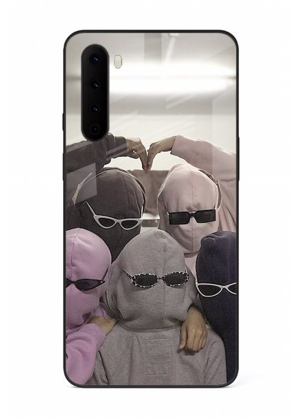 Masked trio artwork printed on premium tempered glass OnePlus Nord back cover