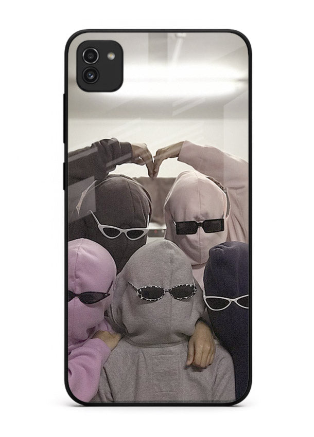 Masked trio artwork printed on premium tempered glass Samsung A03 back cover