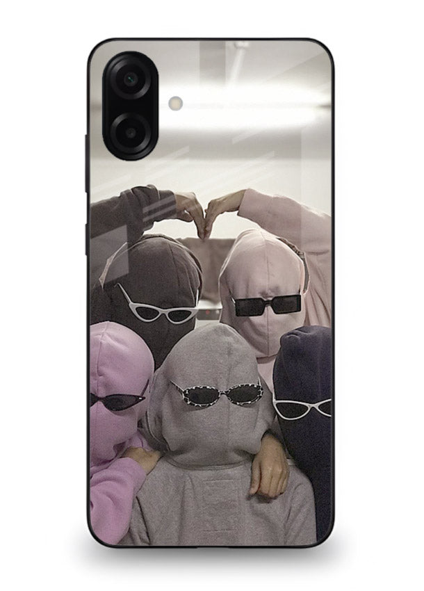 Masked trio artwork printed on premium tempered glass Samsung A07 4G back cover