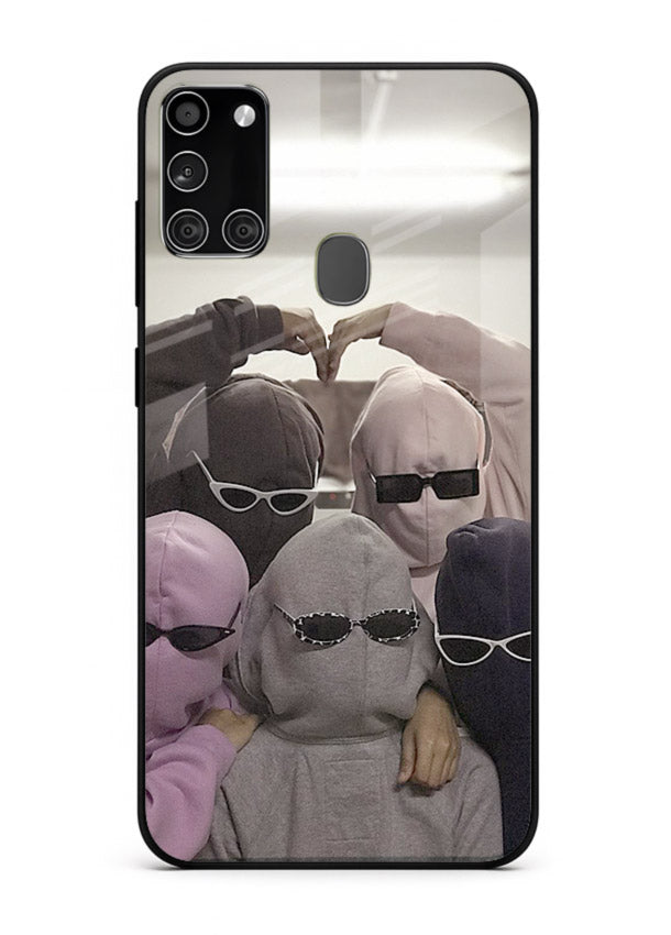 Masked trio artwork printed on premium tempered glass Samsung A21s back cover