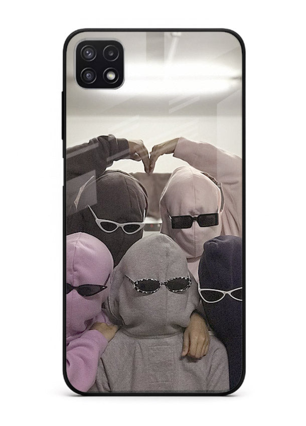 Masked trio artwork printed on premium tempered glass Samsung F42 5G back cover