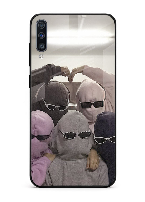 Masked trio artwork printed on premium tempered glass Samsung A70 back cover