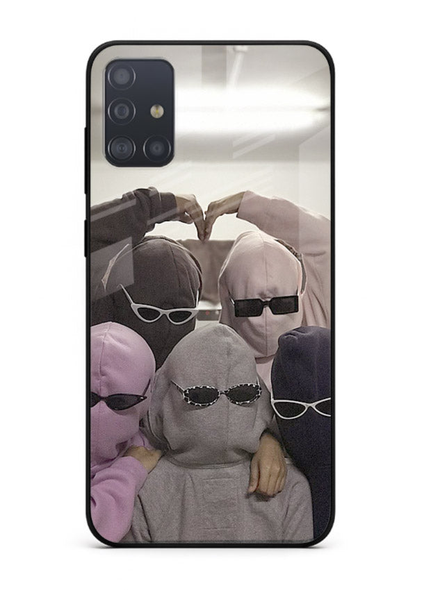 Masked trio artwork printed on premium tempered glass Samsung A71 back cover