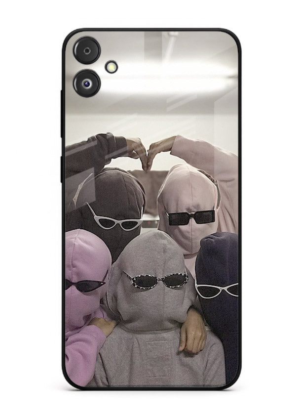 Masked trio artwork printed on premium tempered glass Samsung F14 5G back cover