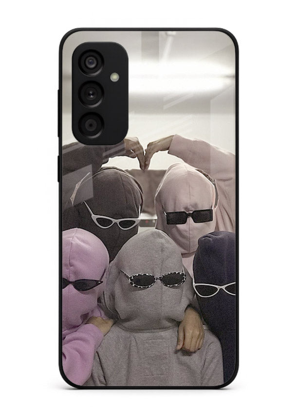 Masked trio artwork printed on premium tempered glass Samsung M13 4G back cover