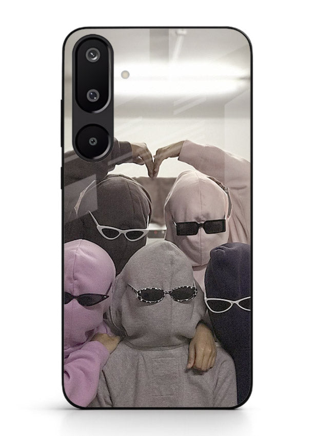 Masked trio artwork printed on premium tempered glass Samsung M16 5G back cover