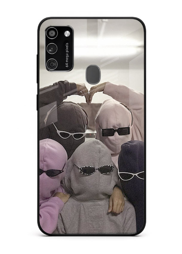 Masked trio artwork printed on premium tempered glass Samsung M21 back cover