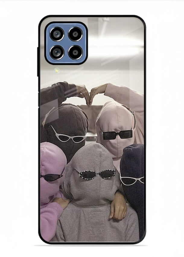 Masked trio artwork printed on premium tempered glass Samsung F22 4G back cover