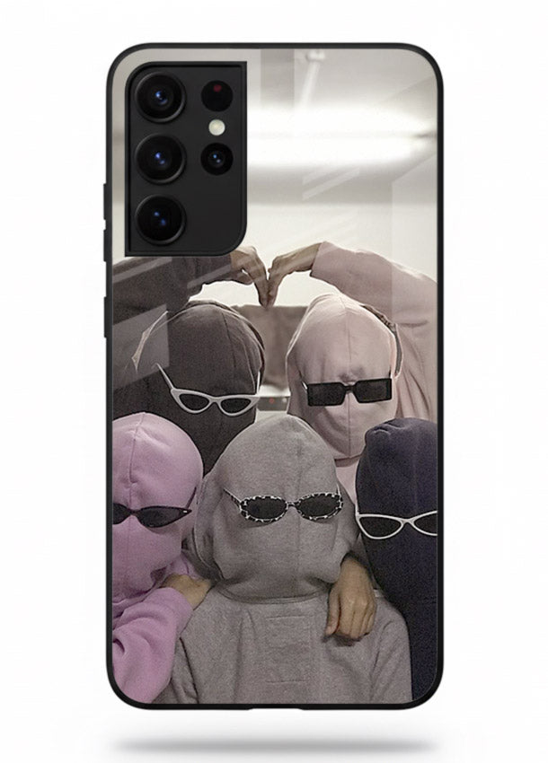 Masked trio artwork printed on premium tempered glass Samsung S21 Ultra back cover