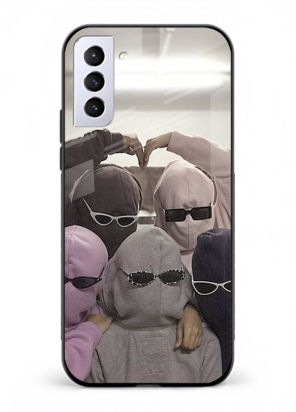 Masked trio artwork printed on premium tempered glass Samsung S21 FE back cover