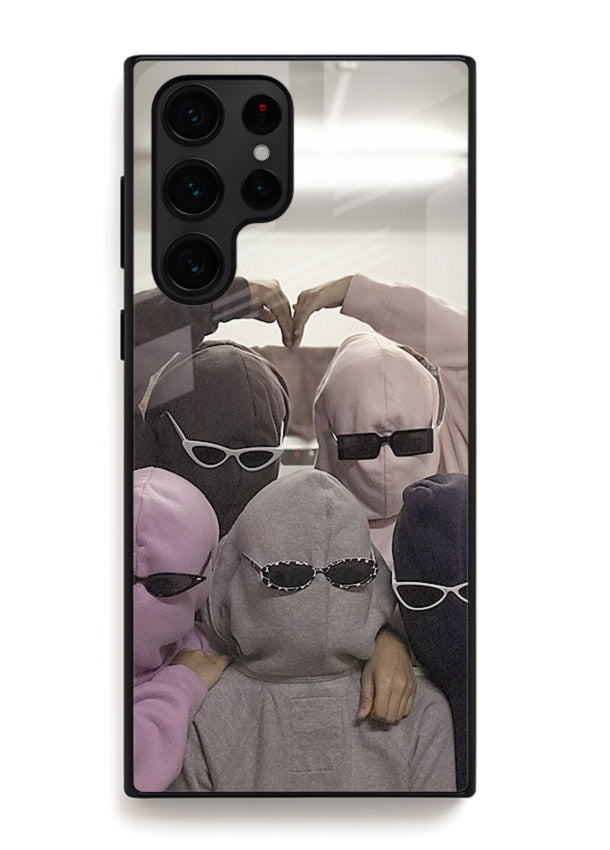 Masked trio artwork printed on premium tempered glass Samsung S23 Ultra back cover
