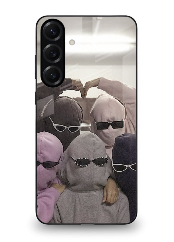 Masked trio artwork printed on premium tempered glass Samsung S24 FE back cover