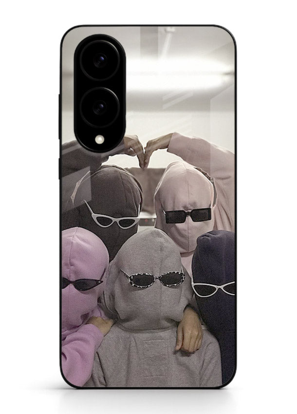 Masked trio artwork printed on premium tempered glass Samsung S25 Edge back cover