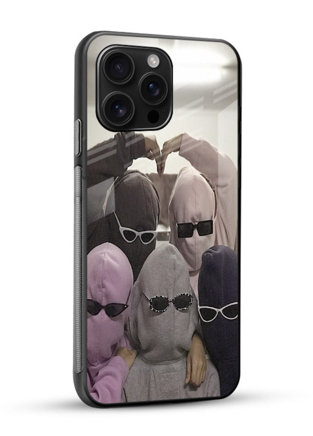 Masked trio artwork printed on premium tempered glass phone back cover - 2