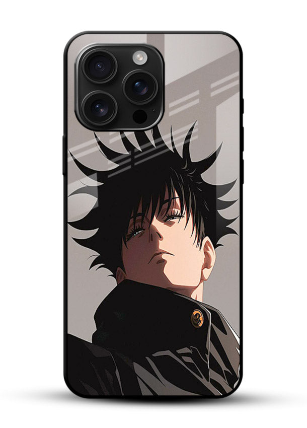 megumi jjk portrait dark anime art glossy vibrant premium glass cover stylish shadow character case - Angle Front