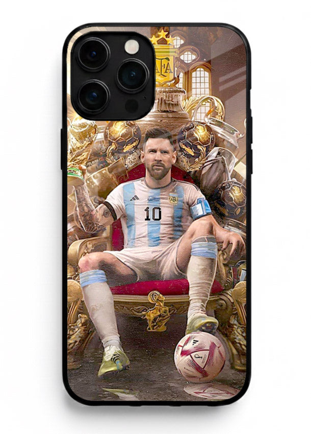 Messi throne artwork printed on tempered glass iPhone 14 Pro Max back cover