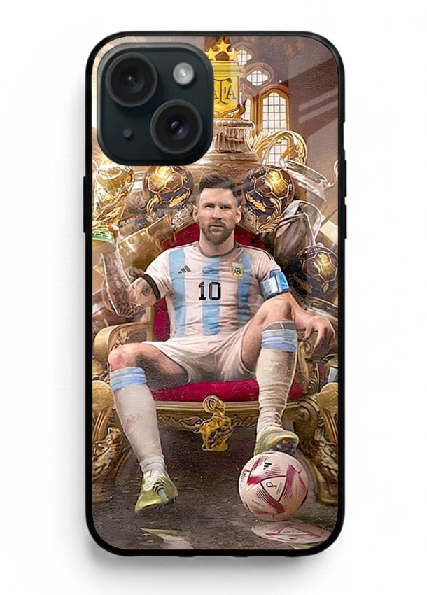 Messi throne artwork printed on tempered glass iPhone 15 back cover