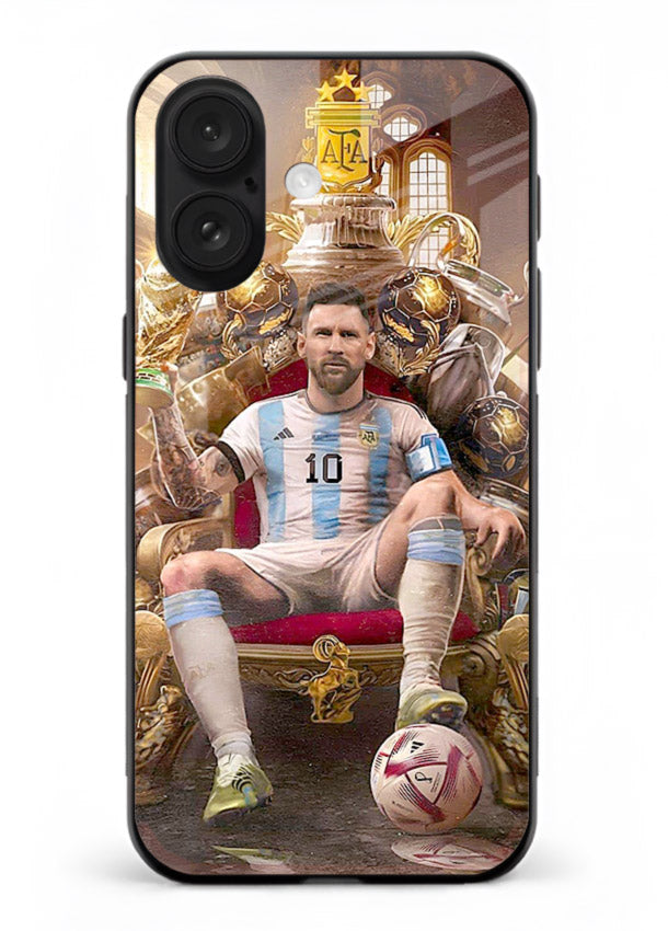 Messi throne artwork printed on tempered glass iPhone 18 back cover