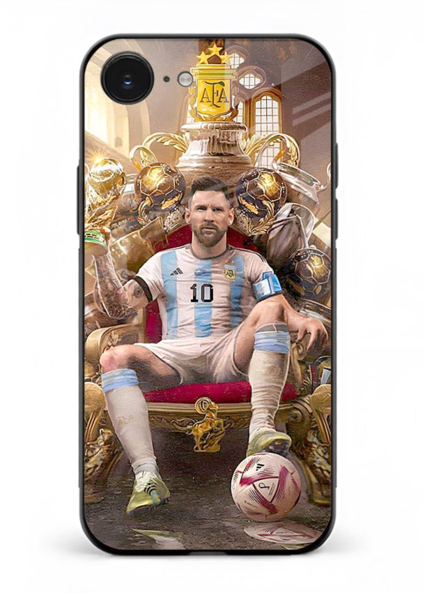 Messi throne artwork printed on tempered glass iPhone 16E back cover