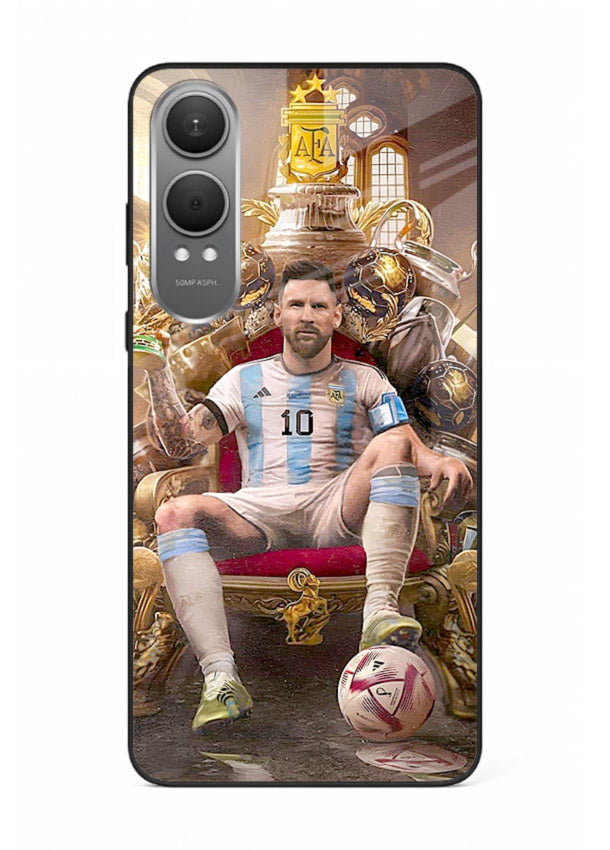 Messi throne artwork printed on tempered glass OnePlus Nord CE4 Lite back cover