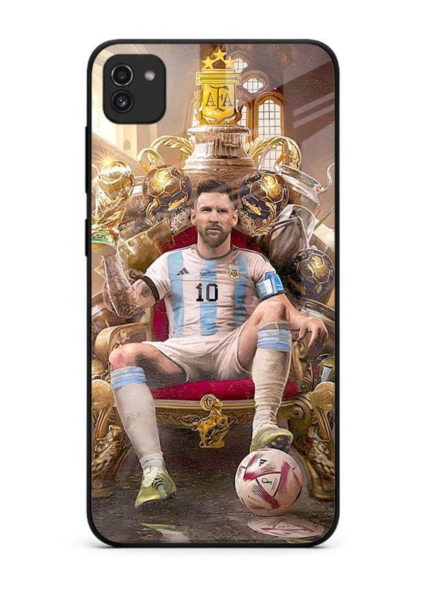 Messi throne artwork printed on tempered glass Samsung A03 back cover