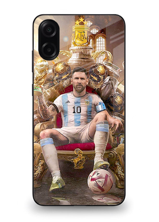 Messi throne artwork printed on tempered glass Samsung A07 4G back cover
