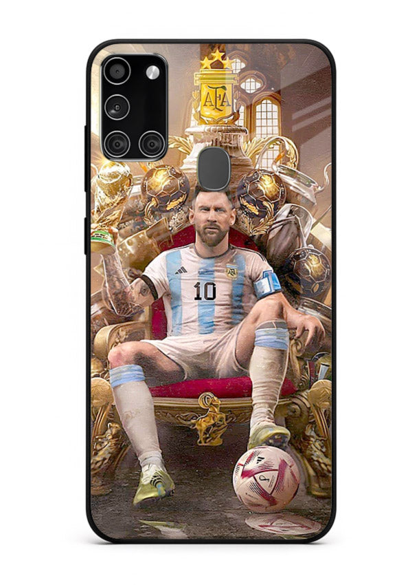 Messi throne artwork printed on tempered glass Samsung A21s back cover